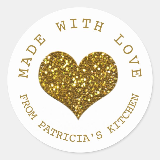 Made With Love Gold Glitter Heart From The Kitchen Classic Round Sticker (Front)