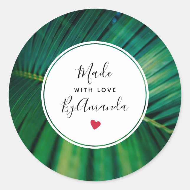 Made with Love Green Tropical Leaf Photo Classic Round Sticker (Front)