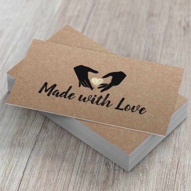 Made with Love Hands & Gold Heart Rustic Kraft Business Card (Creator Uploaded)