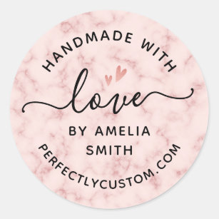 Made with love heart name URL blush pink marble Classic Round Sticker