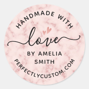 Made with love heart name URL blush pink marble Classic Round Sticker