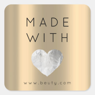 Made With Love Heart Sepia Gold Web Name Grey Square Sticker