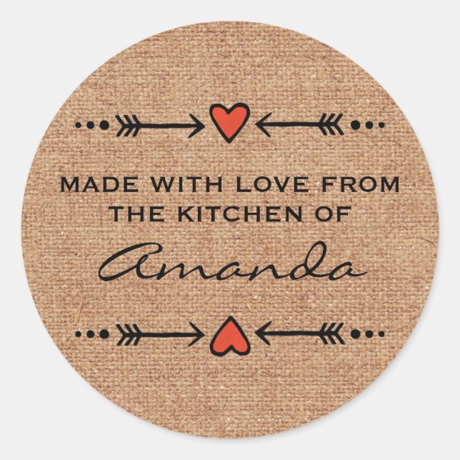 Made with Love Hearts Arrows Kitchen Burlap Classic Round Sticker (Front)