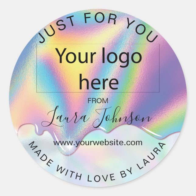 made with love holograph drips add your logo classic round sticker (Front)