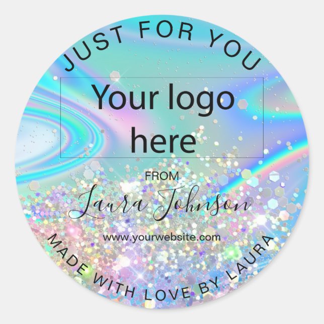 made with love holograph foil add your logo classi classic round sticker (Front)