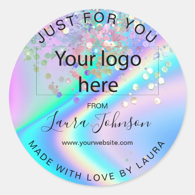 made with love holograph foil add your logo classi classic round sticker (Front)