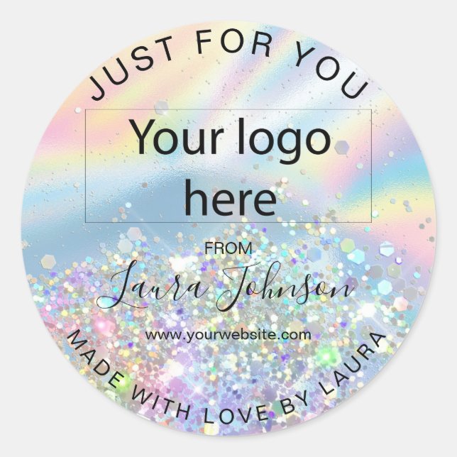 made with love holograph foil add your logo classic round sticker (Front)