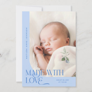 Made With Love Icy Blue Photo Birth Announcement