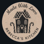 Made With Love Kraft Christmas Baking Classic Round Sticker<br><div class="desc">A personalised "made with love" sticker featuring a cute little gingerbread house with a heart and the words,  made with love on a kraft coloured background. Personalise it by adding your own name. A pretty finishing touch for all of your homemade gifts. Designed for you by Blackberry Boulevard.</div>