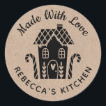 Made With Love Kraft Christmas  Classic Round Sticker<br><div class="desc">A personalised "made with love" sticker featuring a cute little gingerbread house with a heart and the words,  made with love on a kraft coloured background. Personalise it by adding your own name. A pretty finishing touch for all of your homemade gifts. Designed for you by Blackberry Boulevard.</div>