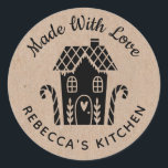 Made With Love Kraft Christmas  Classic Round Sticker<br><div class="desc">A personalised "made with love" sticker featuring a cute little gingerbread house with a heart and the words,  made with love on a kraft coloured background. Personalise it by adding your own name. A pretty finishing touch for all of your homemade gifts. Designed for you by Blackberry Boulevard.</div>