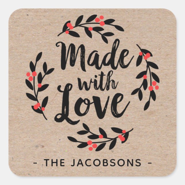 Made With Love Kraft Rustic Square Sticker (Front)