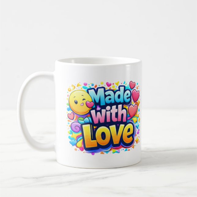 Made with Love – Minimalist Heart Typography Coffee Mug (Left)