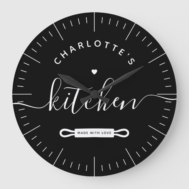 Made With Love Modern Black Custom Name Kitchen Large Clock (Front)