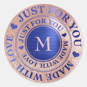 Made With Love Monogram Rose Gold Cobalt Blue Classic Round Sticker