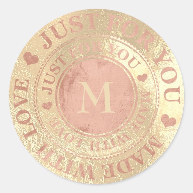 Made With Love Monogram Rose Gold Metallic Classic Round Sticker (Front)