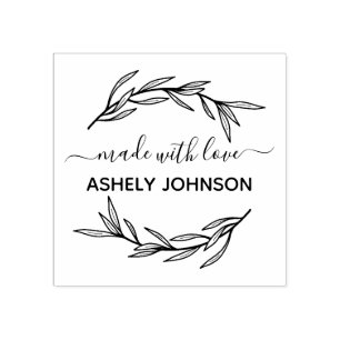 Made with Love Name Laurel Leaf Rubber Stamp