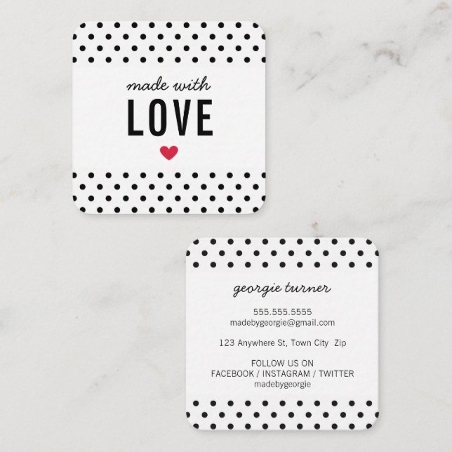 MADE WITH LOVE packaging polka dot black white Square Business Card (Front/Back)