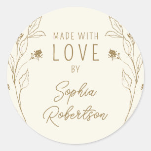 Made with Love Personalised Line Art Gold on Cream Classic Round Sticker