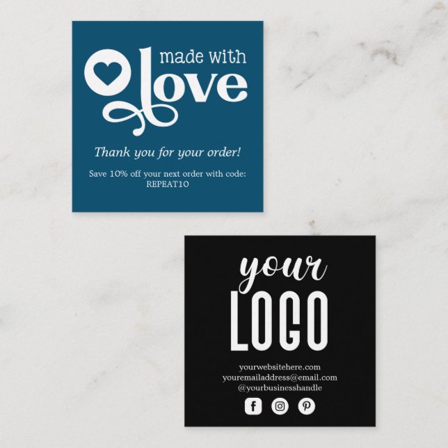 Made with Love Personalised Order Thank You Square Square Business Card (Front/Back)