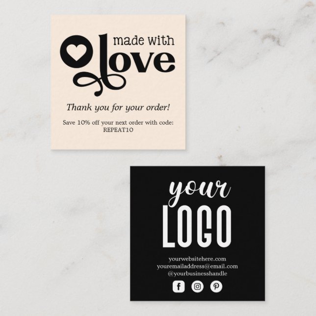 Made with Love Personalised Order Thank You Square Square Business Card (Front/Back)