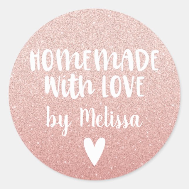 Made with Love Pink Glitter Classic Round Sticker (Front)