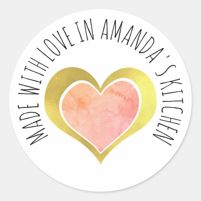 Made With Love Pink Gold Heart Classic Round Sticker (Front)