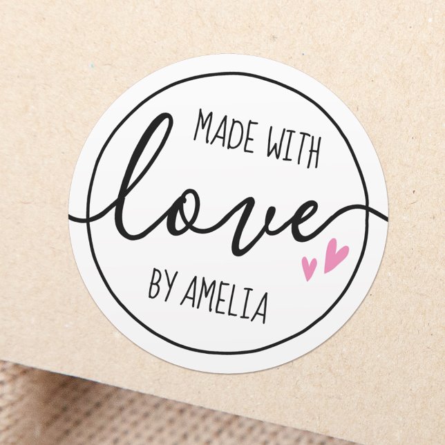 Made with love pink hearts custom name classic round sticker (Creator Uploaded)