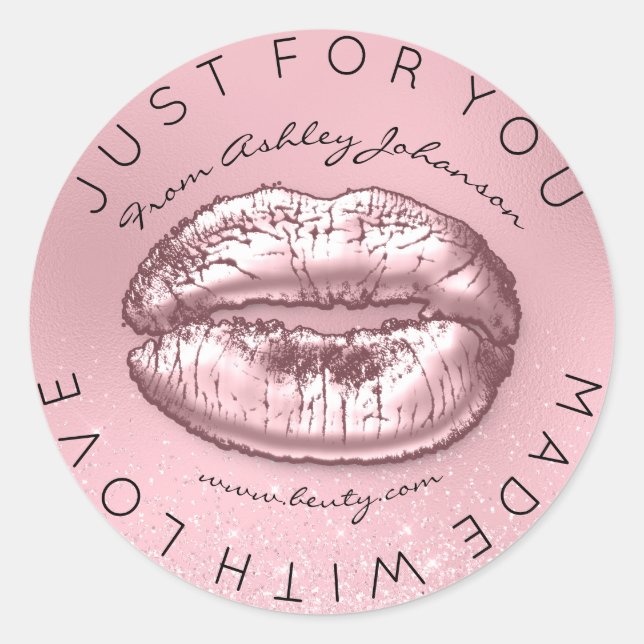 Made With Love Pink Kiss Glitter Makeup Lips Classic Round Sticker (Front)