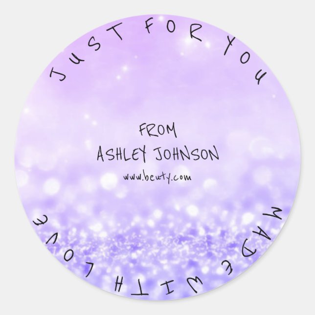 Made With Love Purple Lilac Glitter Sparkly Classic Round Sticker (Front)