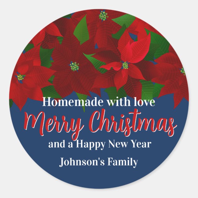 Made with Love - Red Poinsettias Christmas Classic Round Sticker (Front)