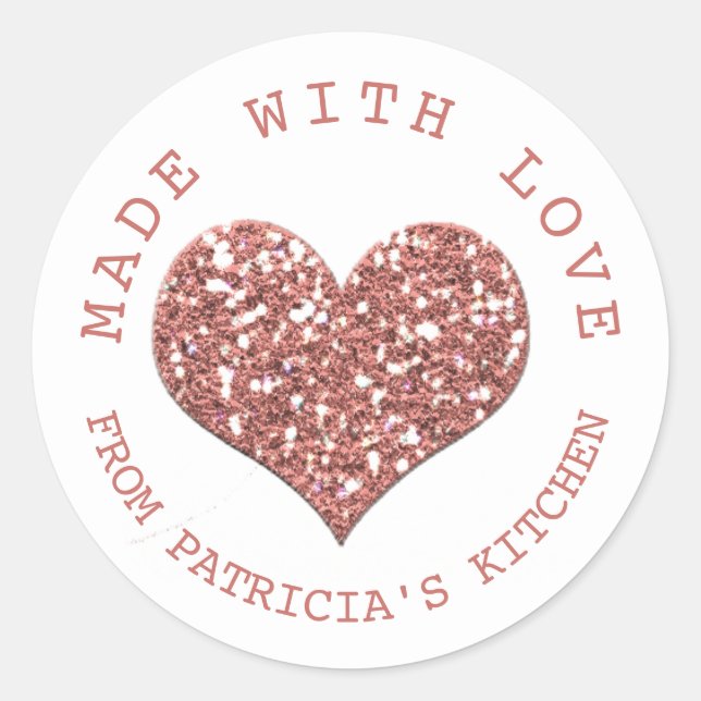 Made With Love Rose Gold Glitter Heart  Homemade Classic Round Sticker (Front)