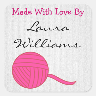 Made With Love Round Pink Ball of Yarn White Knit Square Sticker