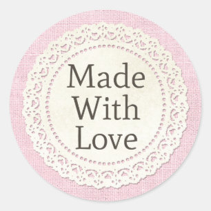 Made With Love Rustic Country Lace Doily on Burlap Classic Round Sticker