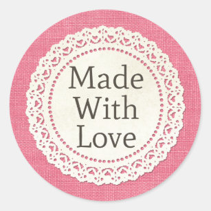 Made With Love Rustic Country Lace Doily on Burlap Classic Round Sticker