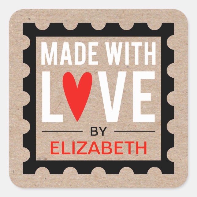 Made With Love Rustic Kraft Square Sticker (Front)