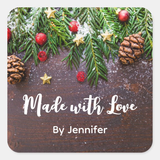 Made with Love Rustic Xmas Table with Pine & Snow Square Sticker (Front)