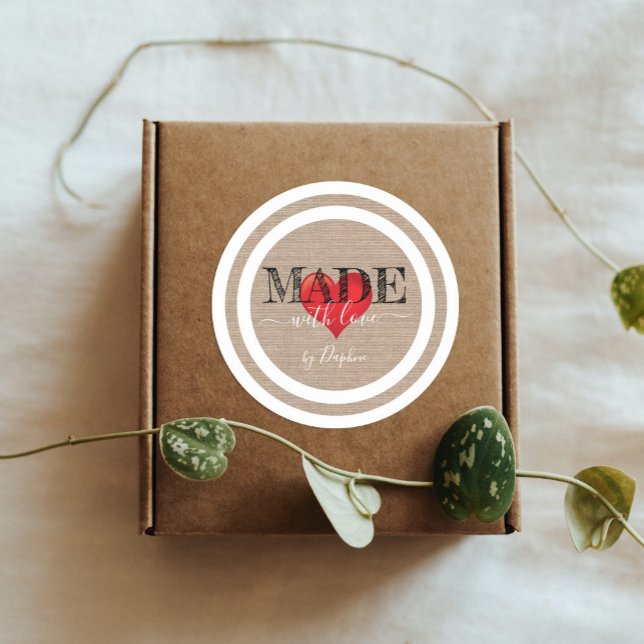 Made With Love Script Red Heart On Linen Texture Classic Round Sticker (Creator Uploaded)