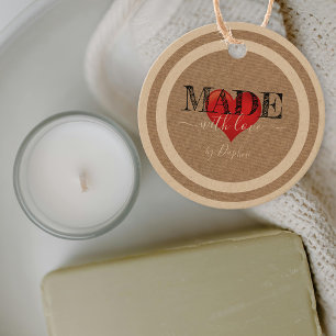 Made With Love Script Red Heart on Linen Texture Favour Tags