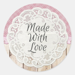 Made With Love Shabby Cottage Chic Doily on Wood Classic Round Sticker