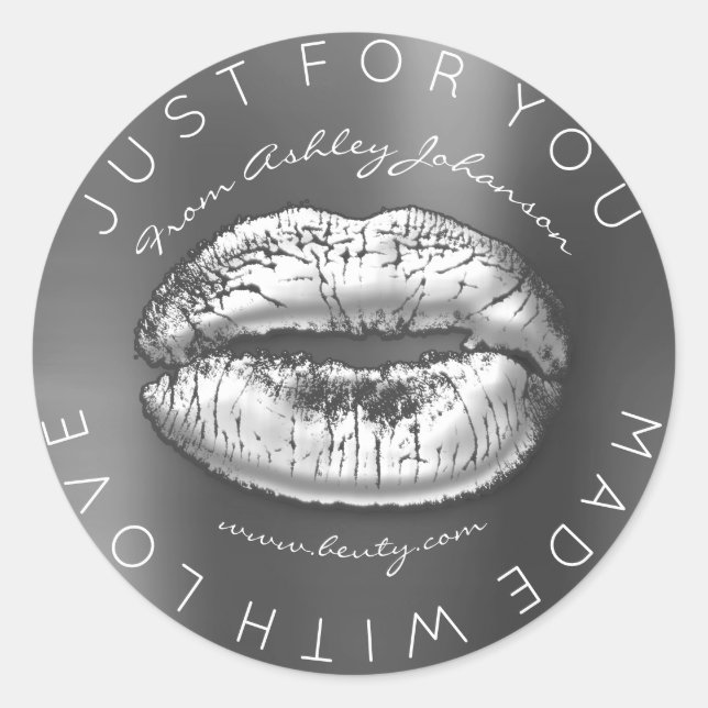 Made With Love Silver Lipstick Grey Makeup Lips Classic Round Sticker (Front)