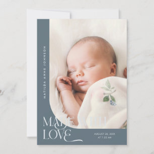 Made With Love Slate Blue Photo Birth Announcement