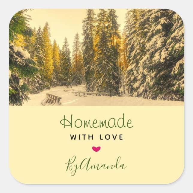 Made with Love Snow Covered Pine Trees Square Sticker (Front)