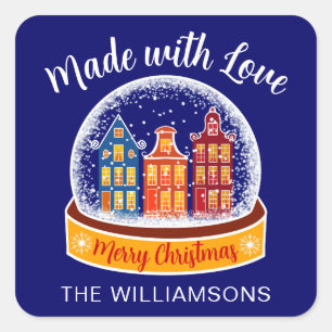 Made With Love Snowglobe Christmas Village Square Sticker