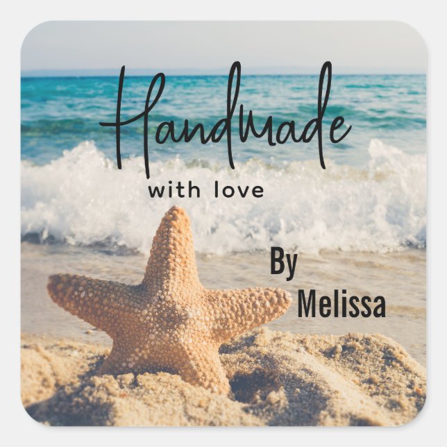 Made with Love Starfish on a Sandy Beach Photo Square Sticker (Front)