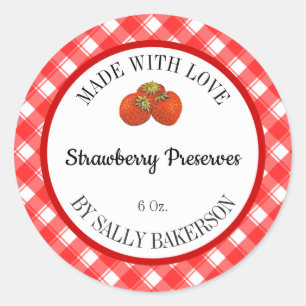 Made With Love Strawberry Editable Red White Plaid Classic Round Sticker