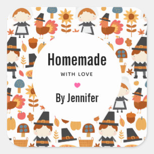 Made with Love Thanksgiving Pilgrims Pattern Square Sticker