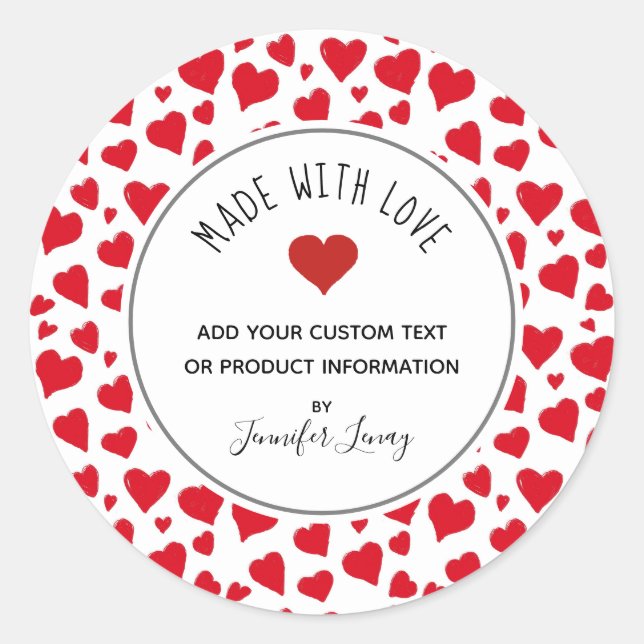 Made With Love Valentines Red Hearts Personalised Classic Round Sticker (Front)
