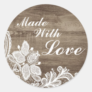 Made With Love Vintage Baroque Lace On Rustic Classic Round Sticker