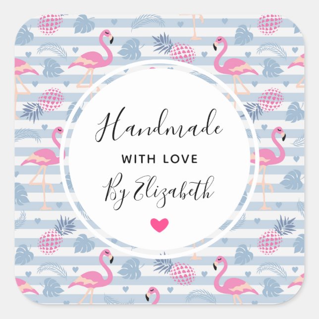 Made with Love Whimsical Flamingo & Pineapple Square Sticker (Front)